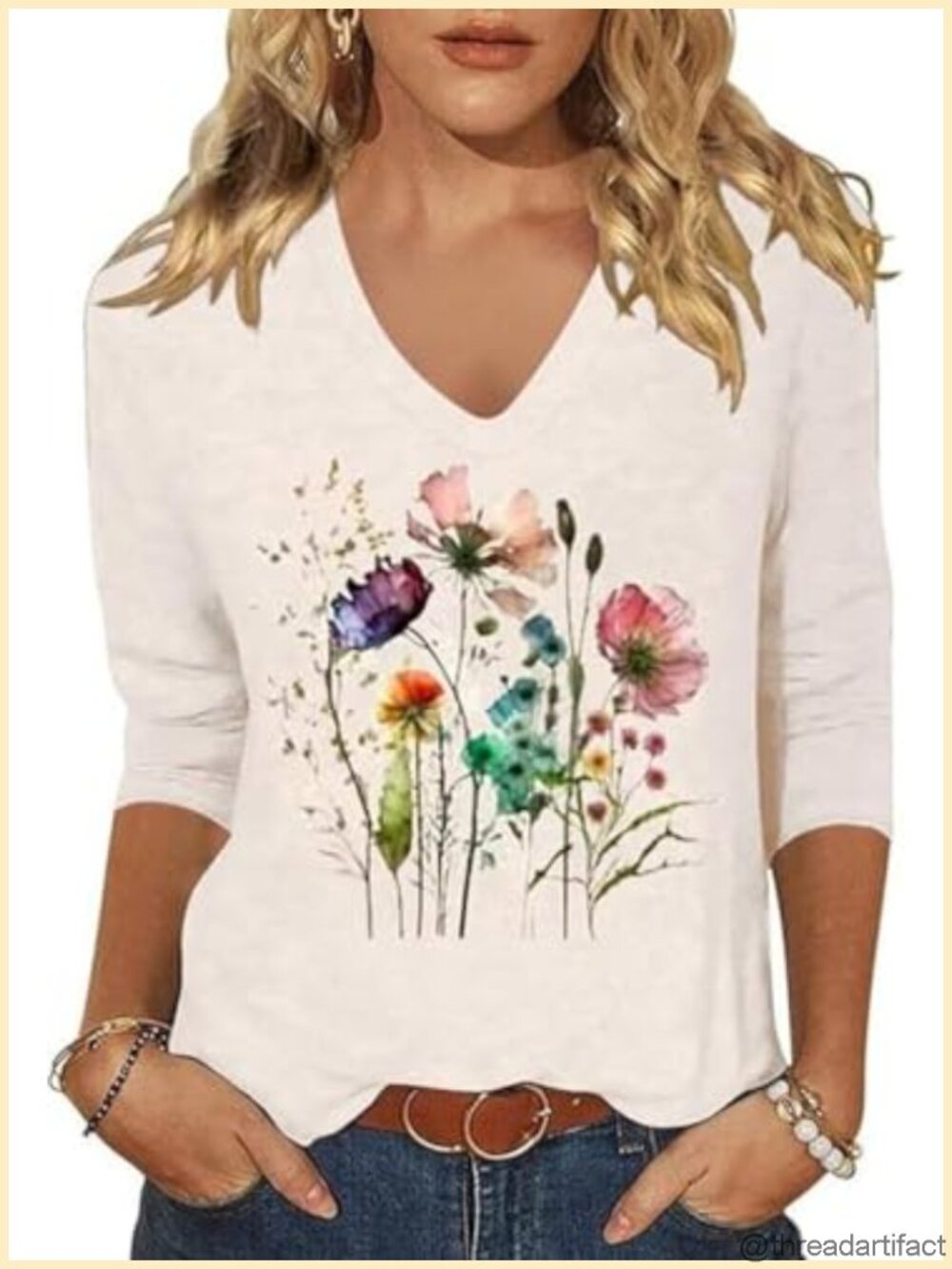 Boho Floral V Neck 3/4 Sleeve Tee Women Casual Summer Top